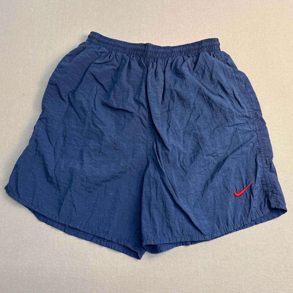 Nike Vintage Mens Navy Blue Nylon Mesh Lined Shorts Big Logo RN56323 Medium